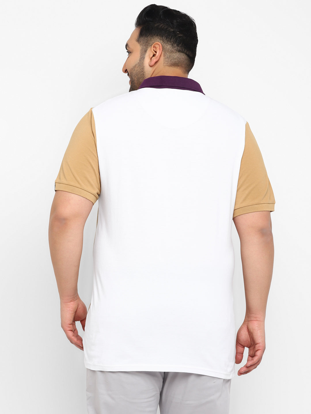 Plus Men's Off White, Purple, Khaki Colour-Block Regular Fit Half Sleeve Cotton Polo T-Shirt