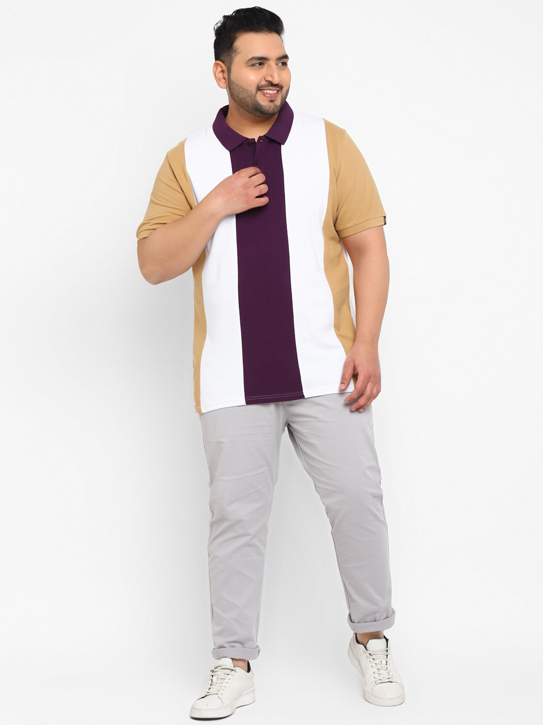 Plus Men's Off White, Purple, Khaki Colour-Block Regular Fit Half Sleeve Cotton Polo T-Shirt