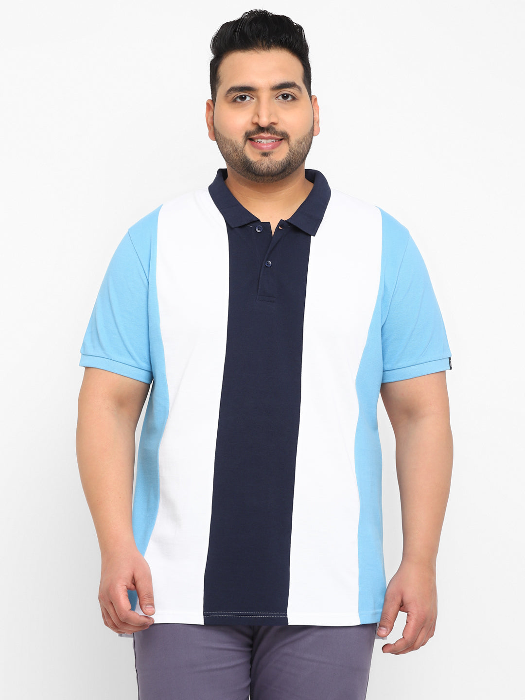 Plus Men's White, Navy Blue, Sky Blue Colour-Block Regular Fit Half Sleeve Cotton Polo T-Shirt