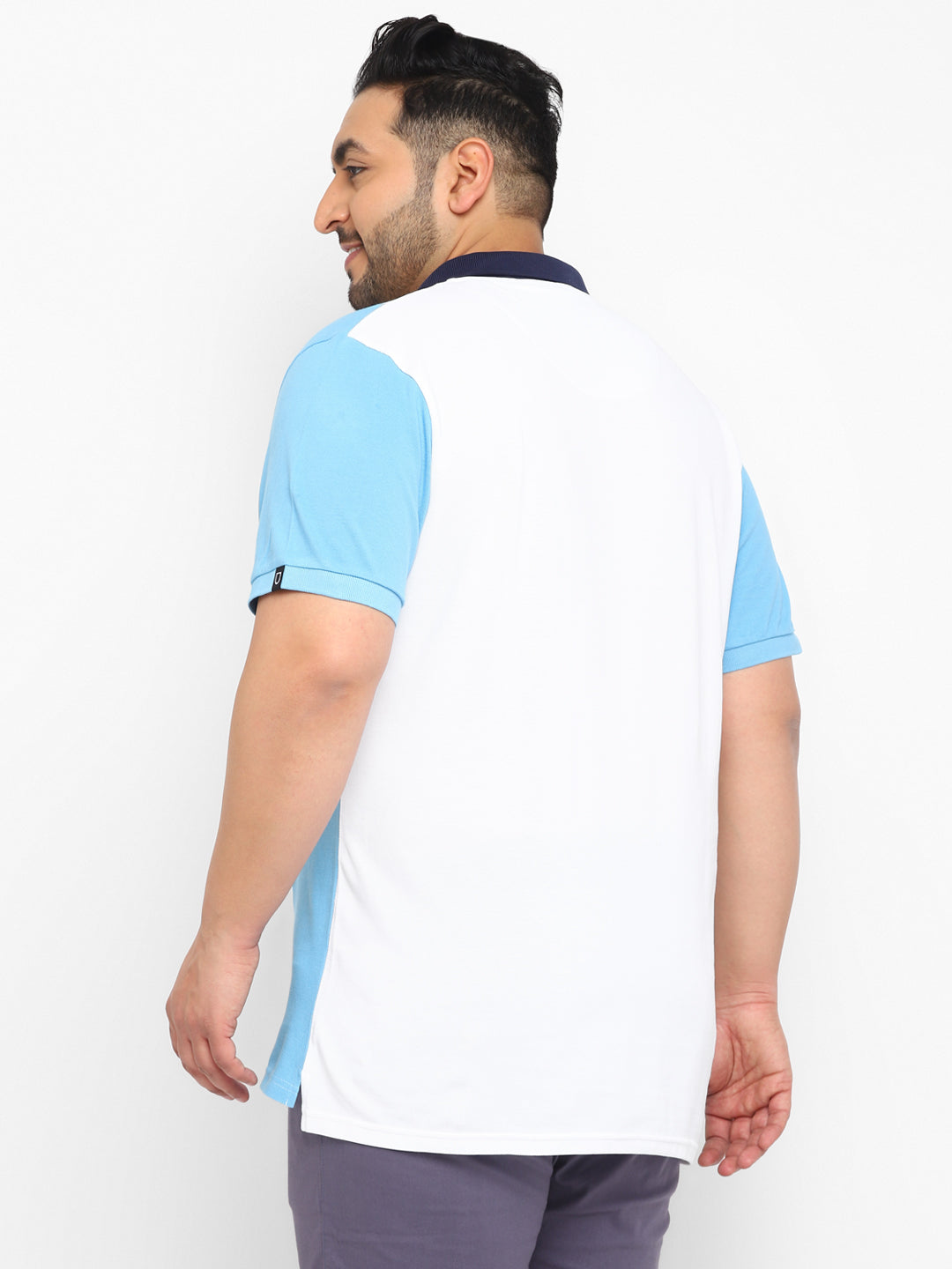Plus Men's White, Navy Blue, Sky Blue Colour-Block Regular Fit Half Sleeve Cotton Polo T-Shirt