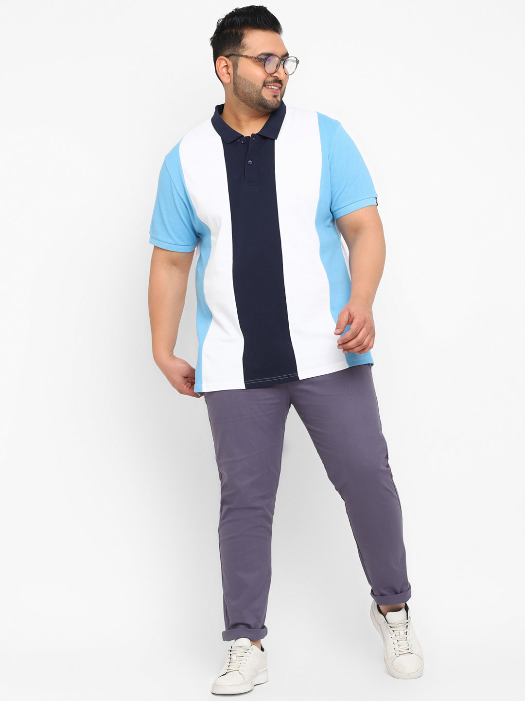 Plus Men's White, Navy Blue, Sky Blue Colour-Block Regular Fit Half Sleeve Cotton Polo T-Shirt