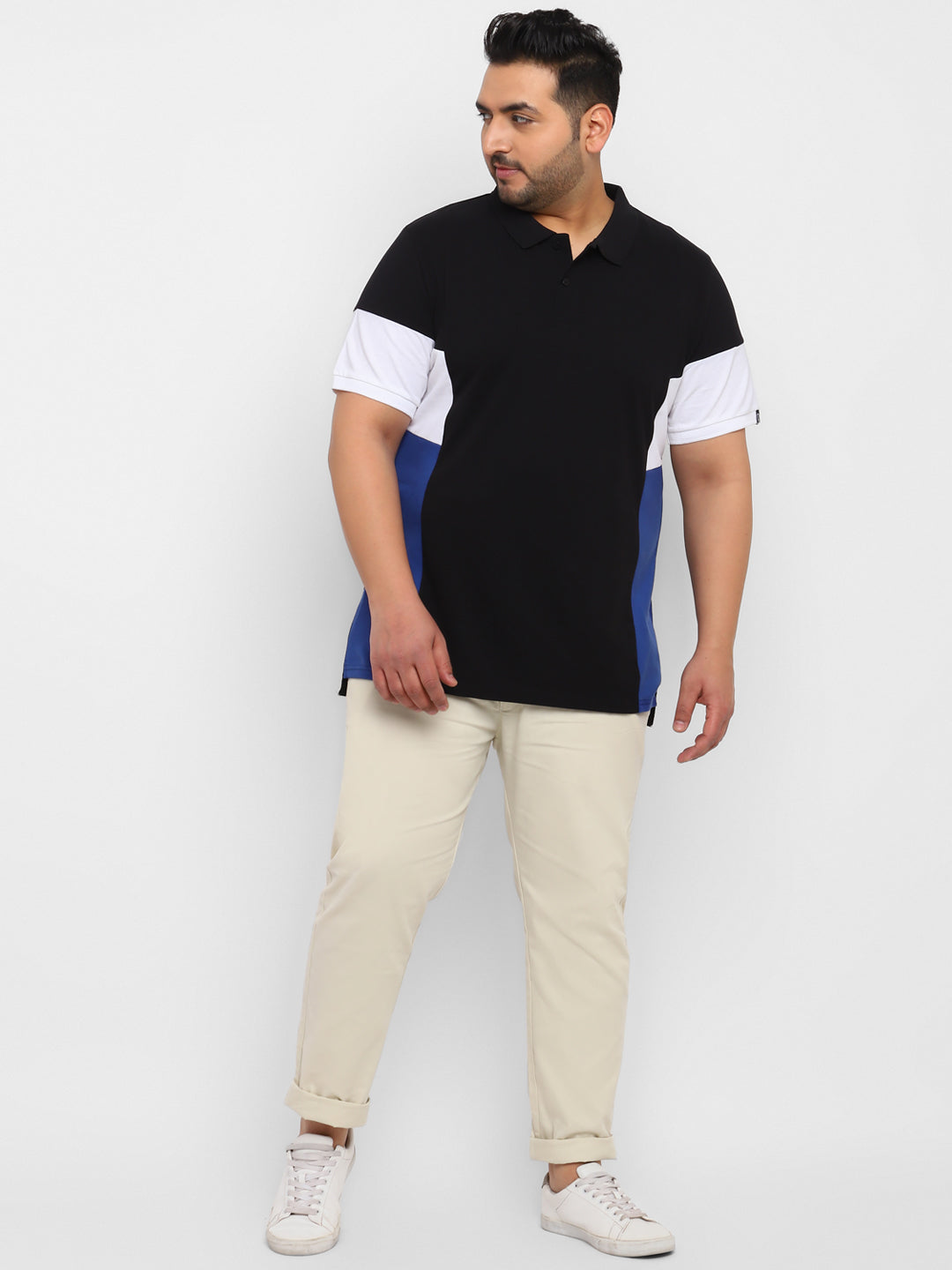 Plus Men's Black, White, Royal Blue Colour-Block Regular Fit Half Sleeve Cotton Polo T-Shirt