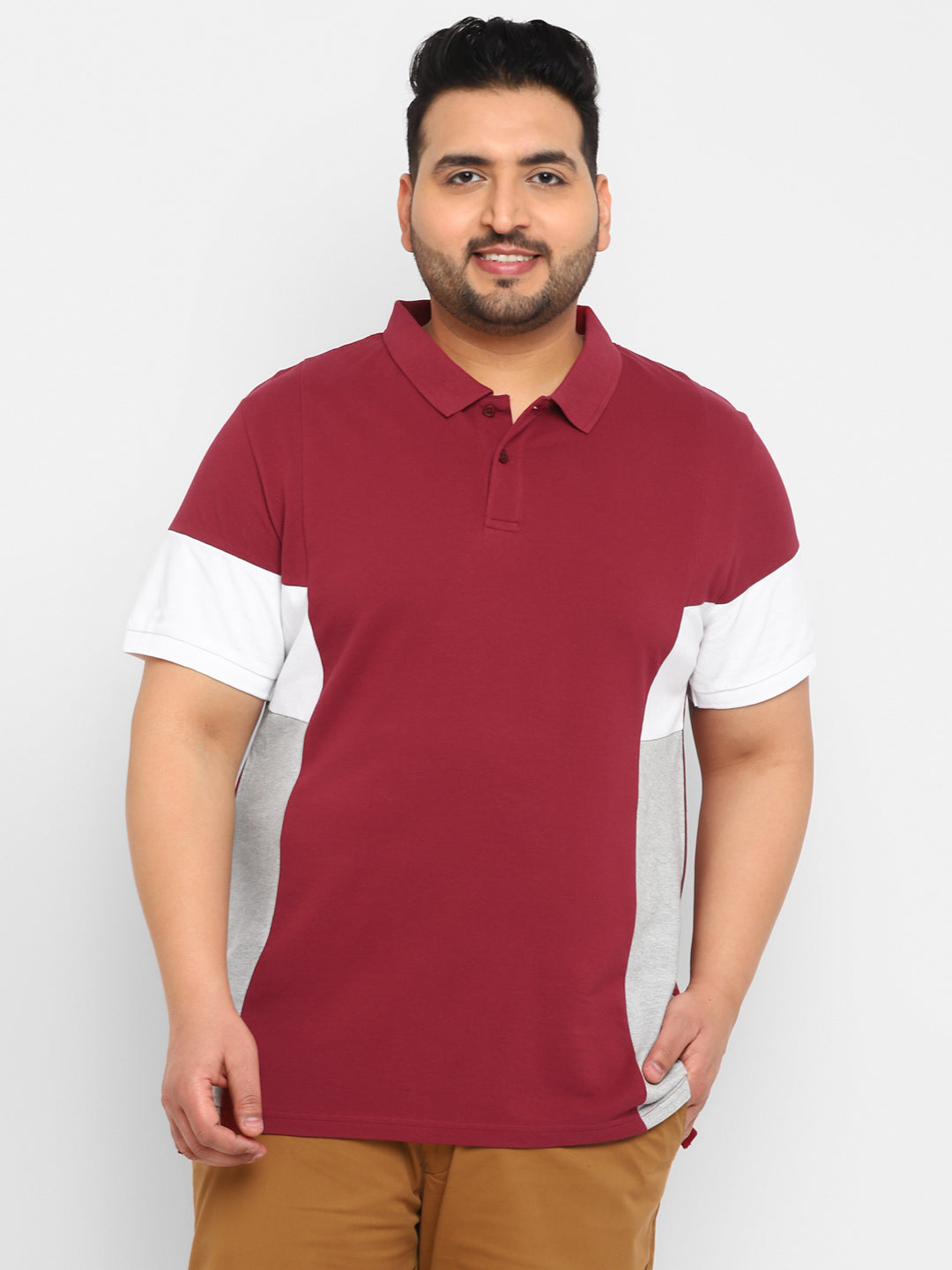 Plus Men's Maroon, White, Grey Melange Colour-Block Regular Fit Half Sleeve Cotton Polo T-Shirt