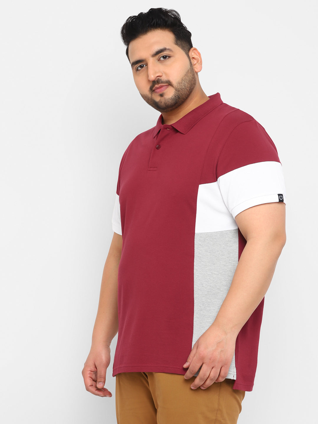 Plus Men's Maroon, White, Grey Melange Colour-Block Regular Fit Half Sleeve Cotton Polo T-Shirt