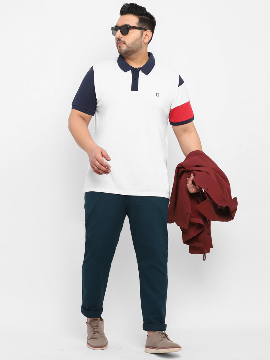 Plus Men's White, Navy Blue, Red Colour-Block Regular Fit Half Sleeve Cotton Polo T-Shirt