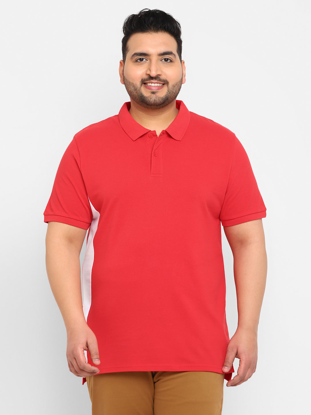 Plus Men's Red, White Colour-Block Regular Fit Half Sleeve Cotton Polo T-Shirt