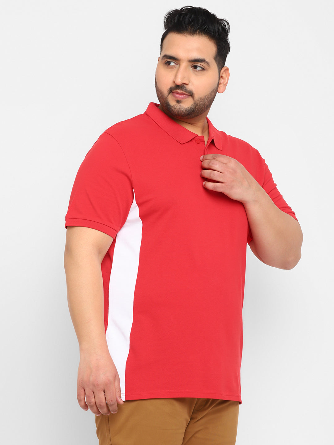 Plus Men's Red, White Colour-Block Regular Fit Half Sleeve Cotton Polo T-Shirt