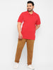 Plus Men's Red, White Colour-Block Regular Fit Half Sleeve Cotton Polo T-Shirt