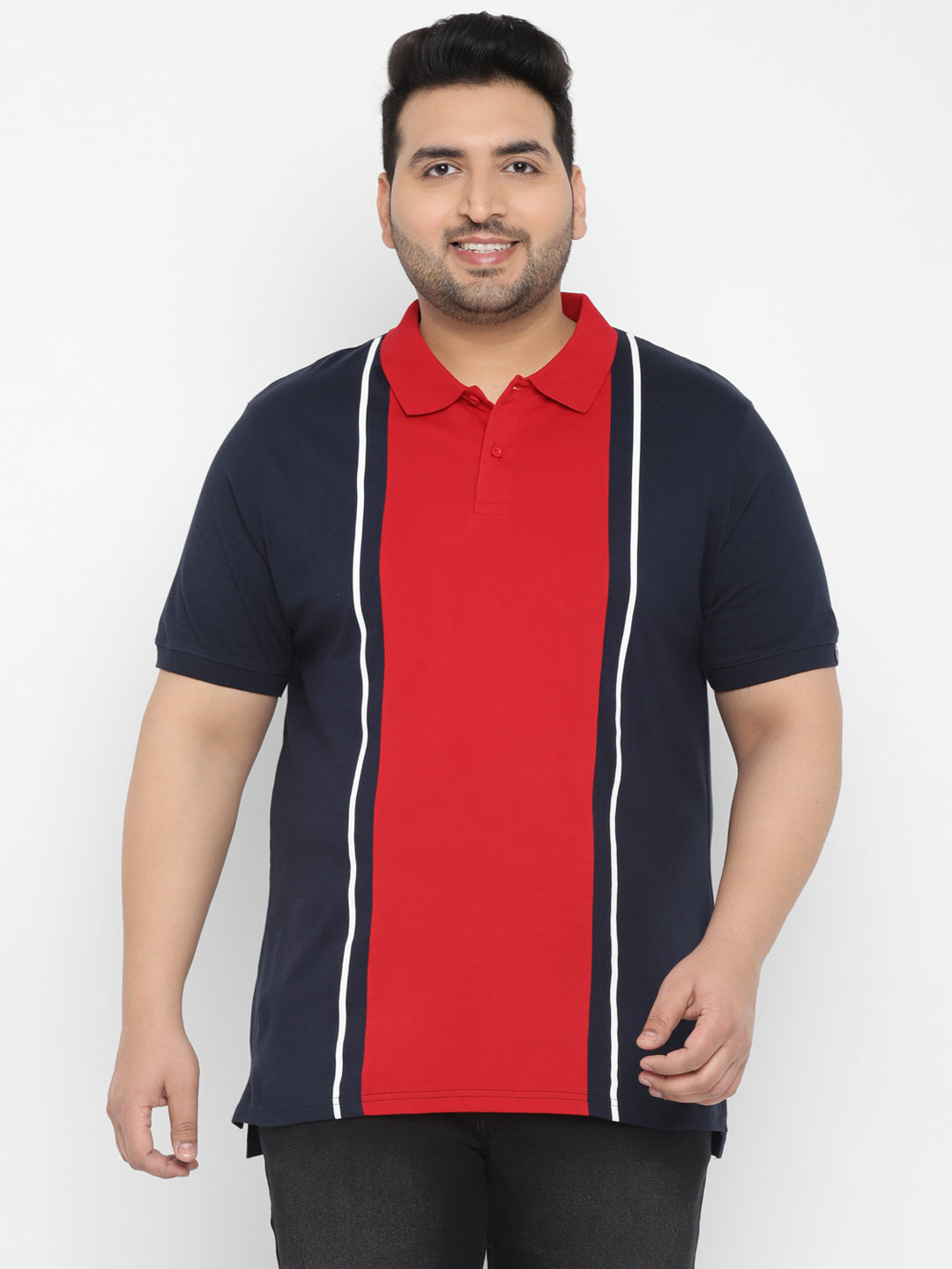 Plus Men's Navy Blue, Red, White Colour-Block Regular Fit Half Sleeve Cotton Polo T-Shirt