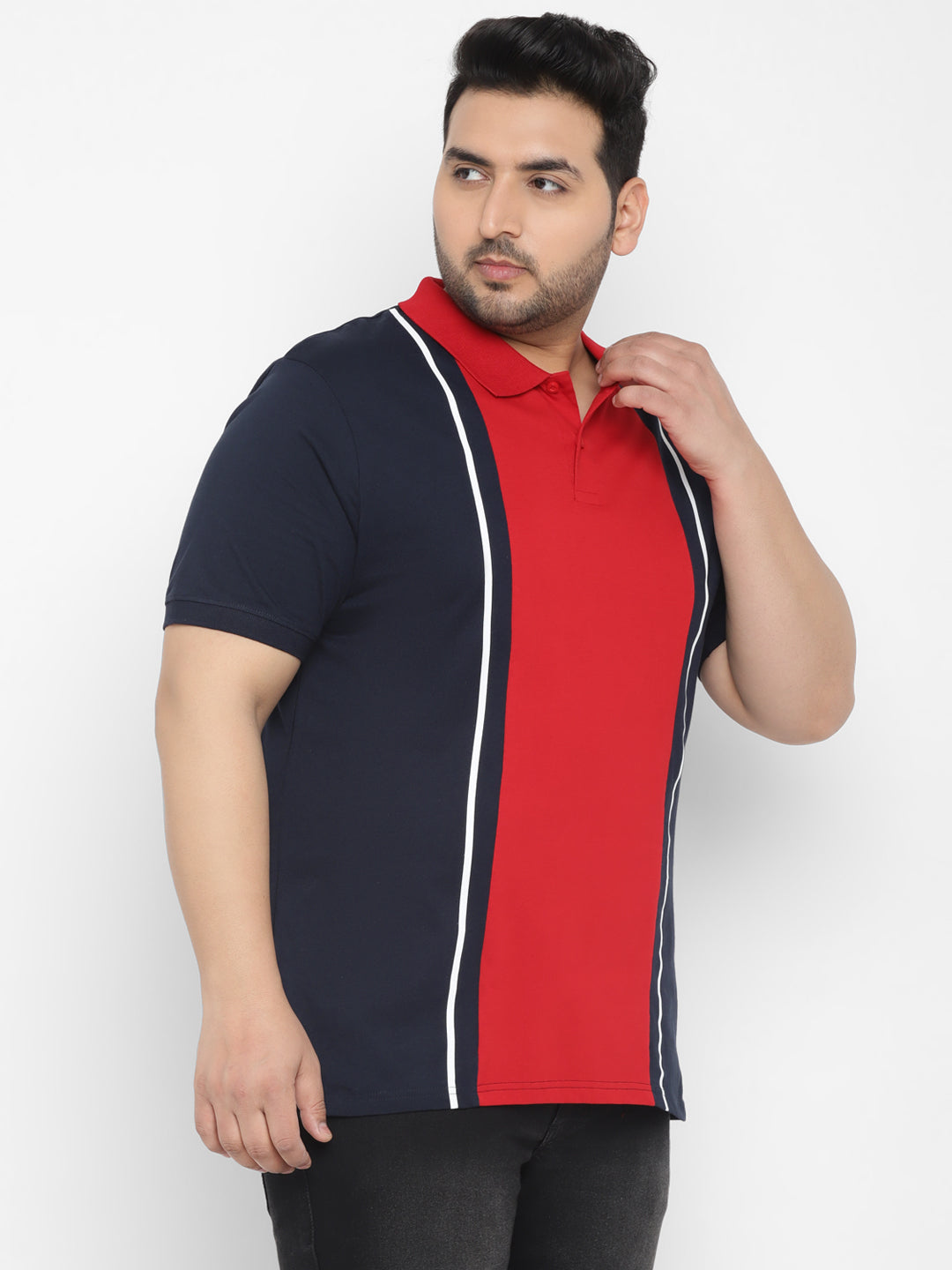 Plus Men's Navy Blue, Red, White Colour-Block Regular Fit Half Sleeve Cotton Polo T-Shirt