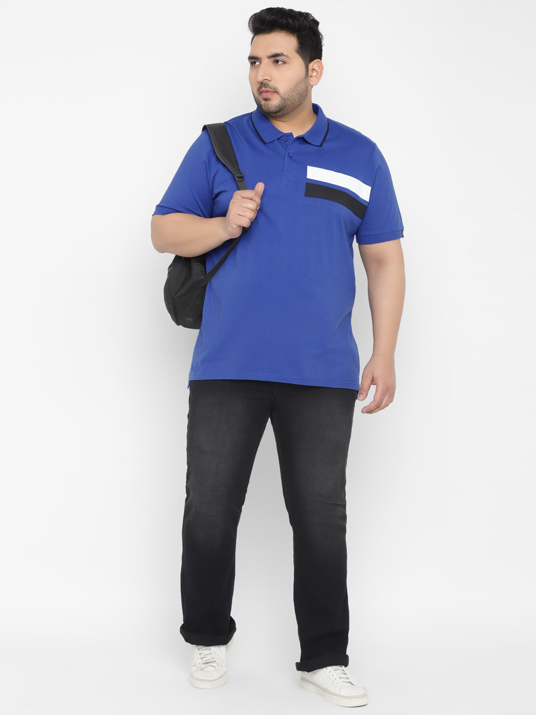 Plus Men's Royal Blue Colour-Block Regular Fit Half Sleeve Cotton Polo T-Shirt