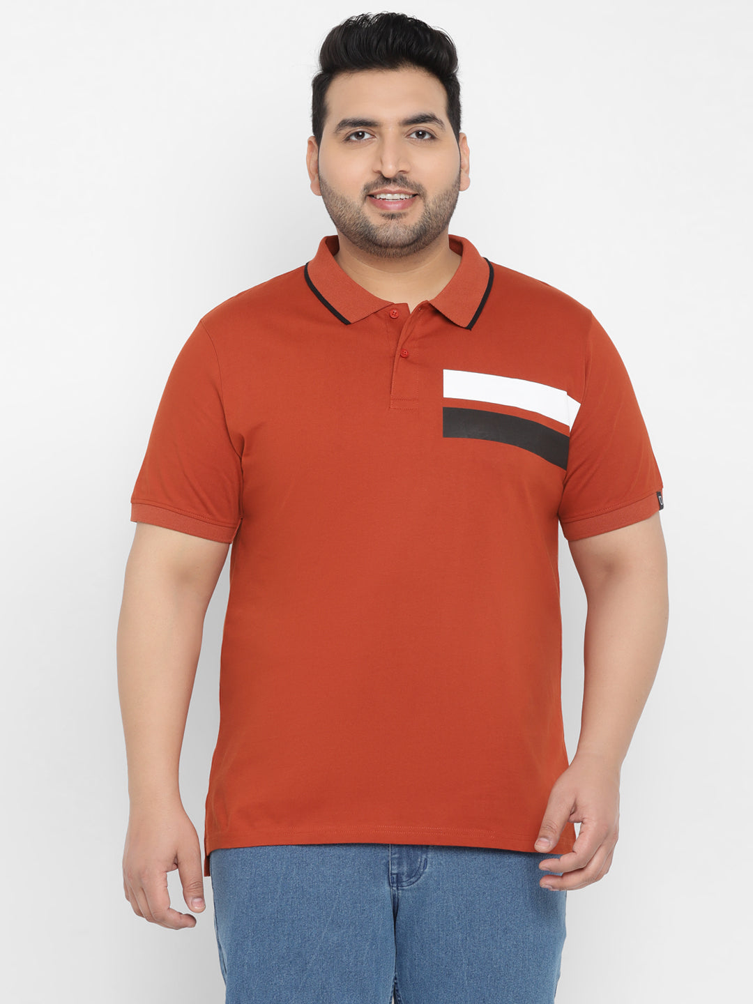 Plus Men's Orange Colour-Block Regular Fit Half Sleeve Cotton Polo T-Shirt