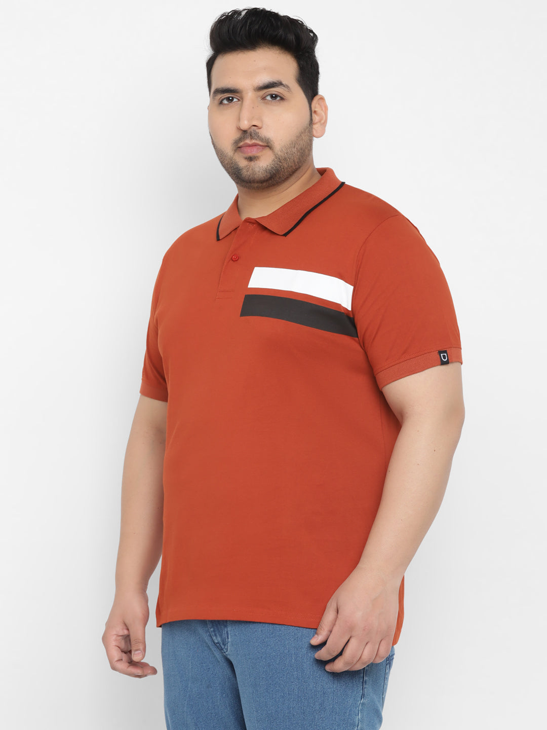 Plus Men's Orange Colour-Block Regular Fit Half Sleeve Cotton Polo T-Shirt