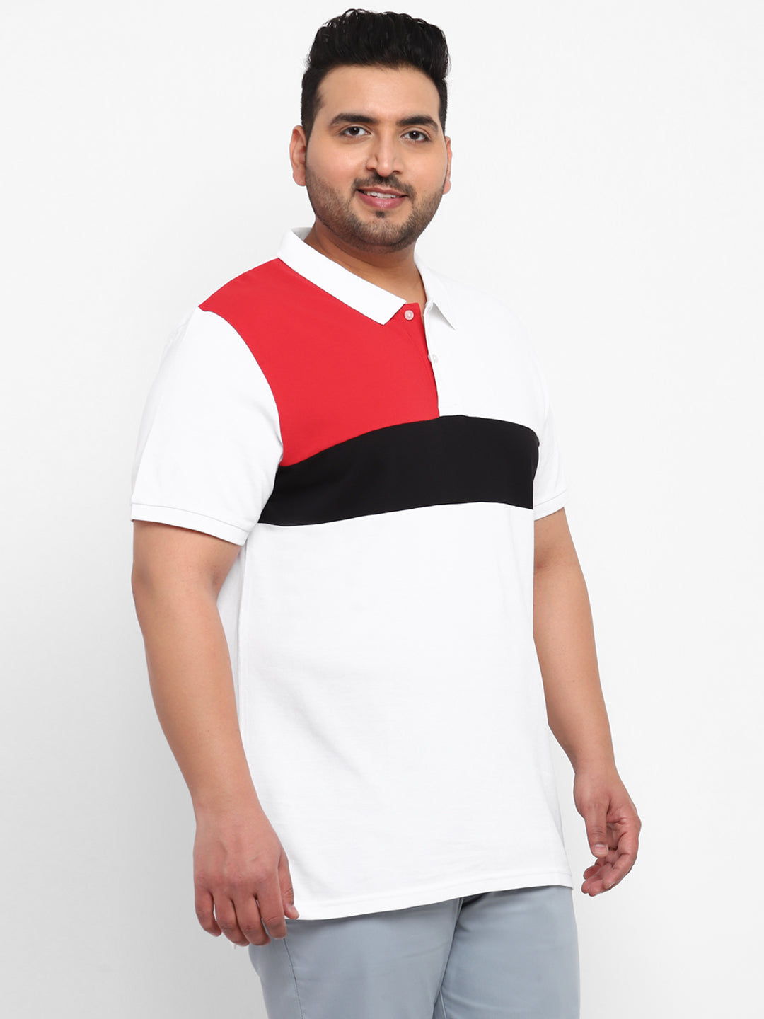 Plus Men's White, Black, Red Colour-Block Regular Fit Half Sleeve Cotton Polo T-Shirt