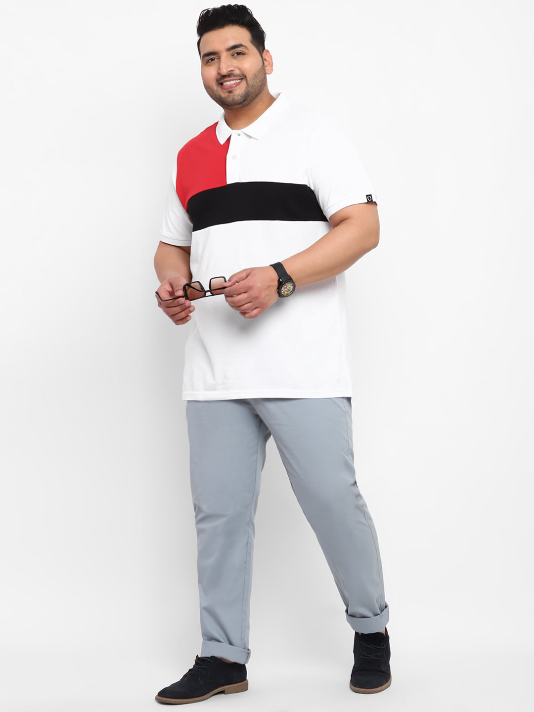 Plus Men's White, Black, Red Colour-Block Regular Fit Half Sleeve Cotton Polo T-Shirt