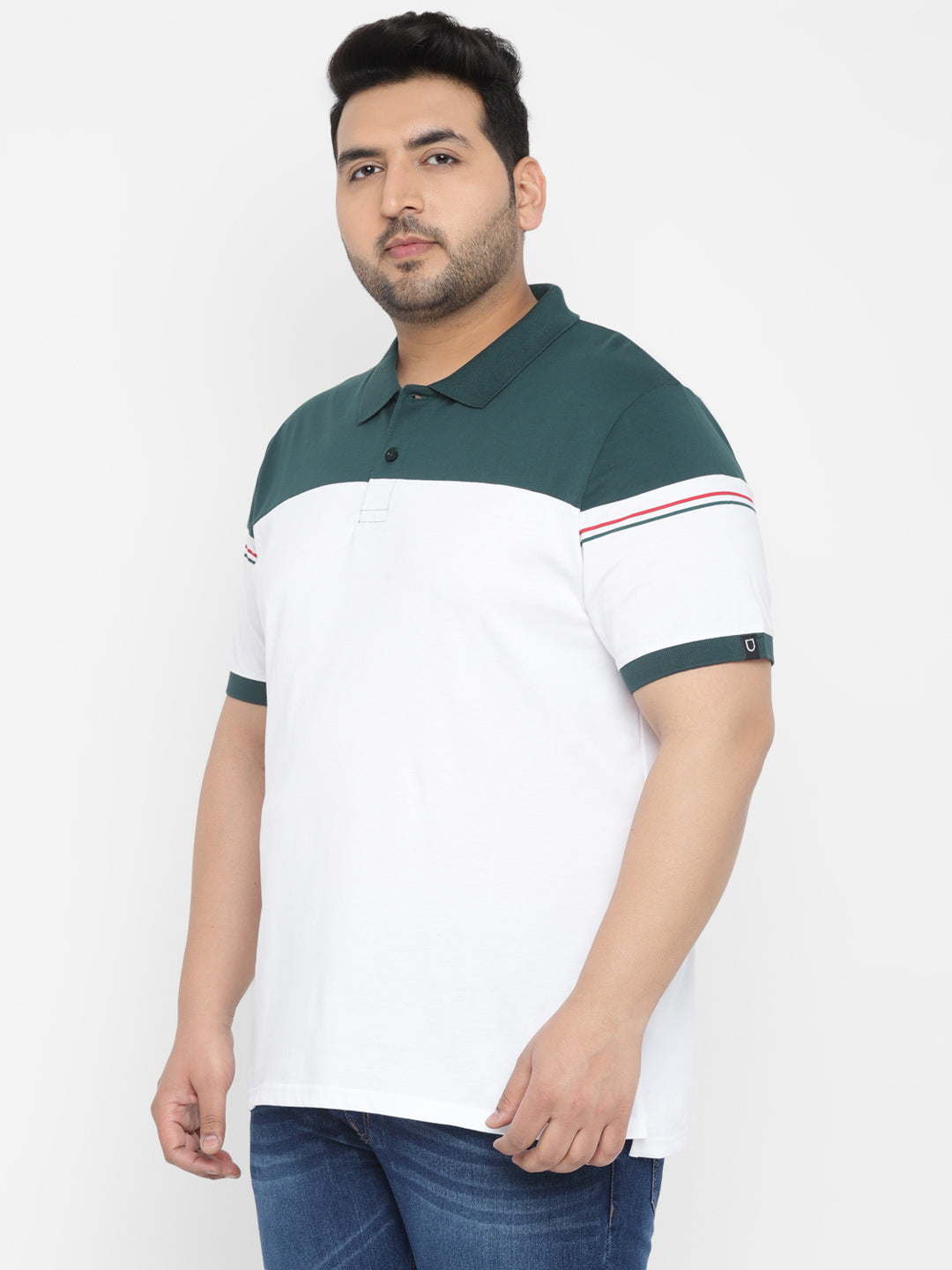 Plus Men's White, Green Colour-Block Regular Fit Half Sleeve Cotton Polo T-Shirt