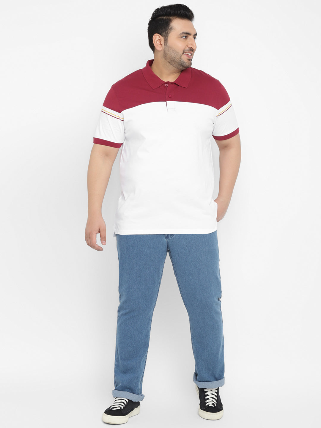 Plus Men's White, Maroon Colour-Block Regular Fit Half Sleeve Cotton Polo T-Shirt