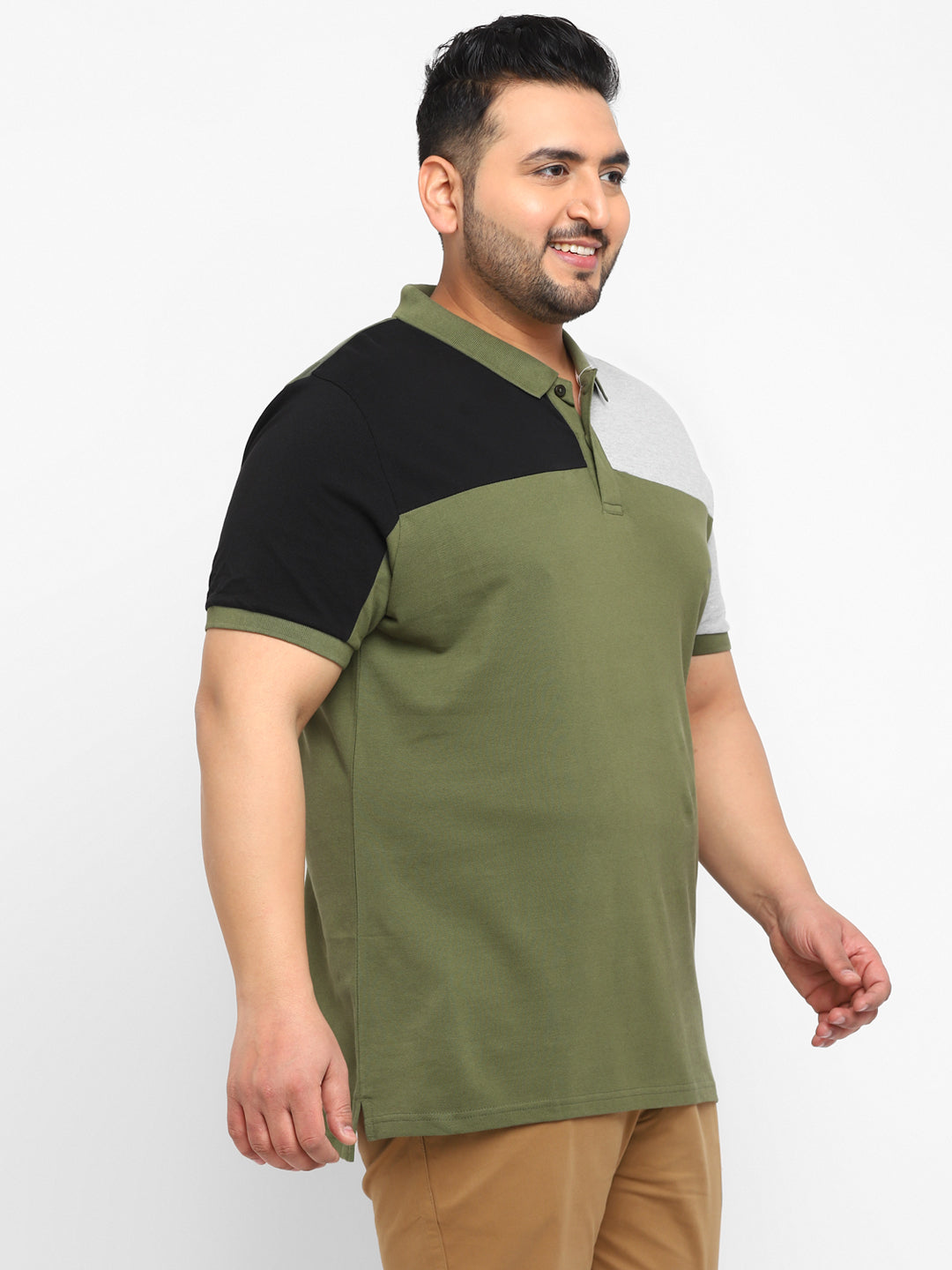 Plus Men's Olive, Black, Grey Melange Colour-Block Regular Fit Half Sleeve Cotton Polo T-Shirt