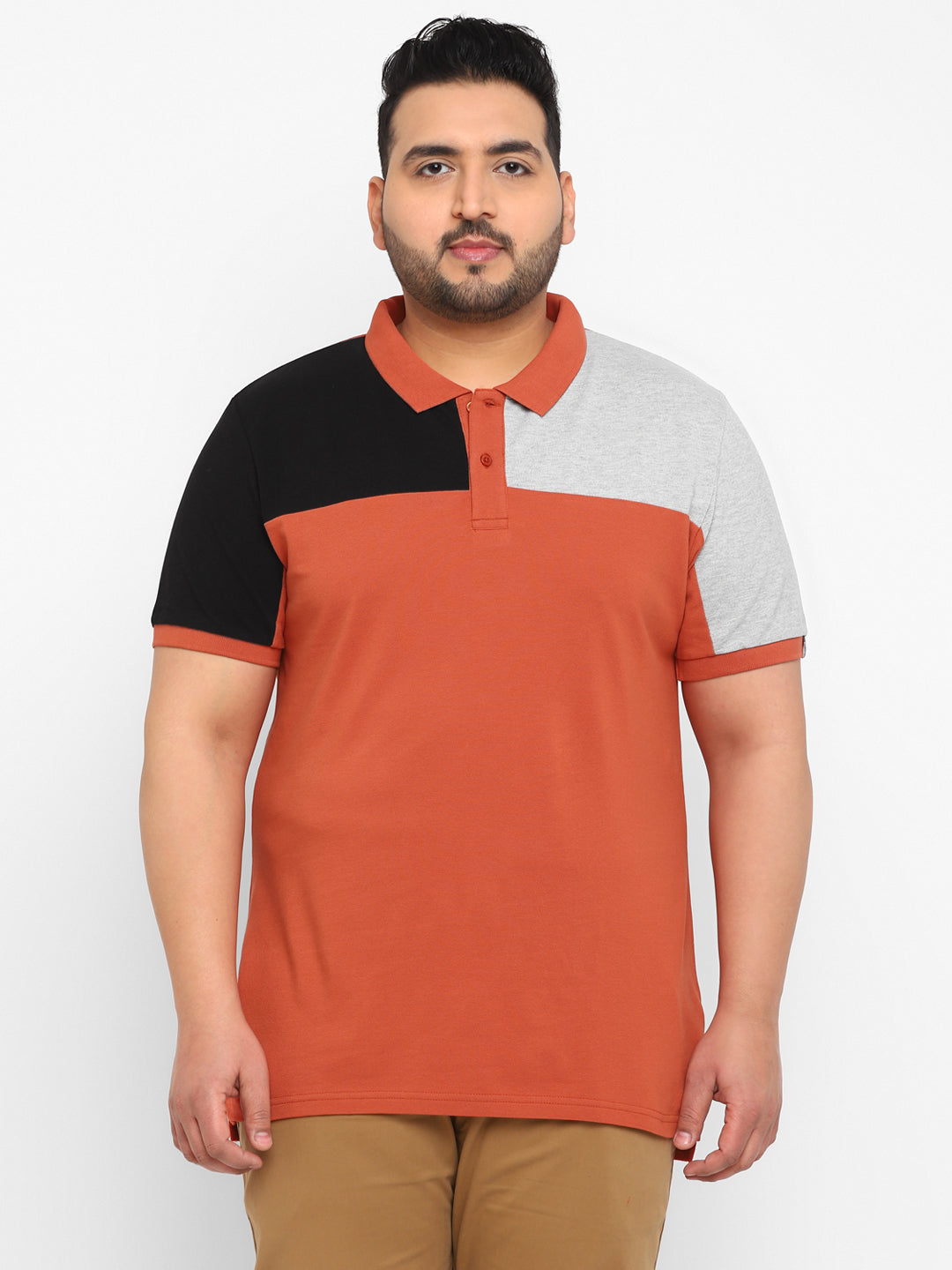 Plus Men's Orange, Black, Grey Melenge Colour-Block Regular Fit Half Sleeve Cotton Polo T-Shirt