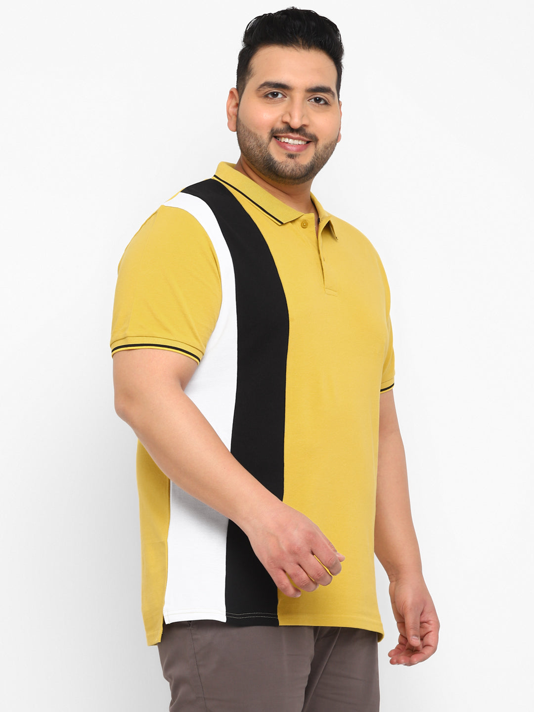 Plus Men's Yellow, White, Black Colour-Block Regular Fit Half Sleeve Cotton Polo T-Shirt