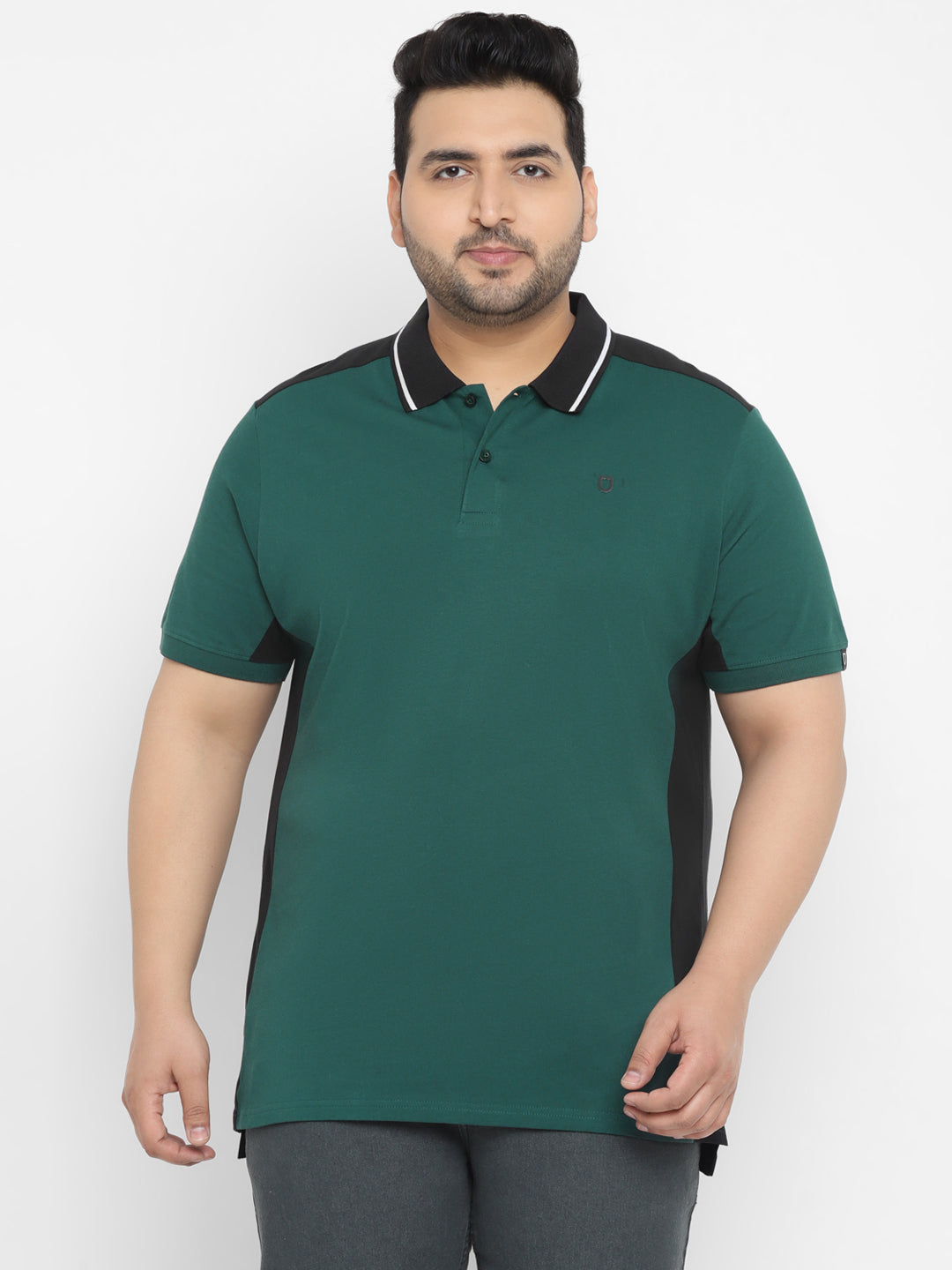 Plus Men's Green, Black Colour-Block Regular Fit Half Sleeve Cotton Polo T-Shirt