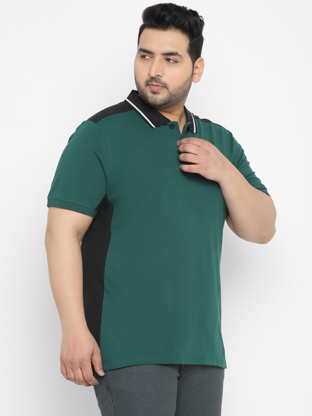 Plus Men's Green, Black Colour-Block Regular Fit Half Sleeve Cotton Polo T-Shirt