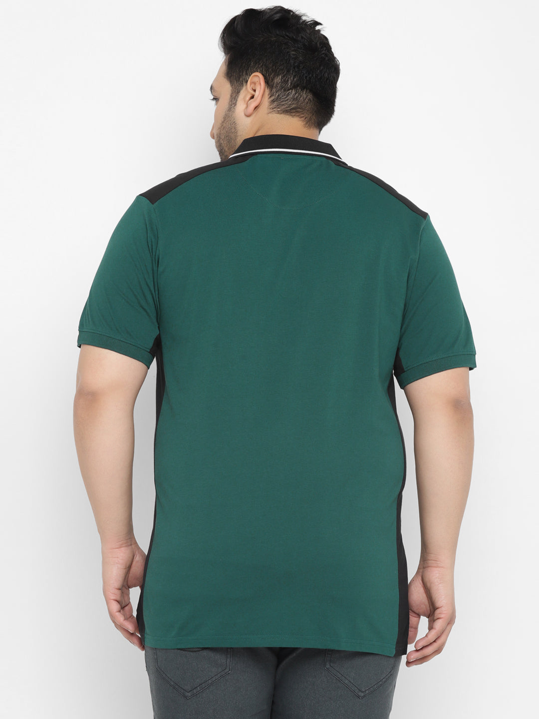 Plus Men's Green, Black Colour-Block Regular Fit Half Sleeve Cotton Polo T-Shirt