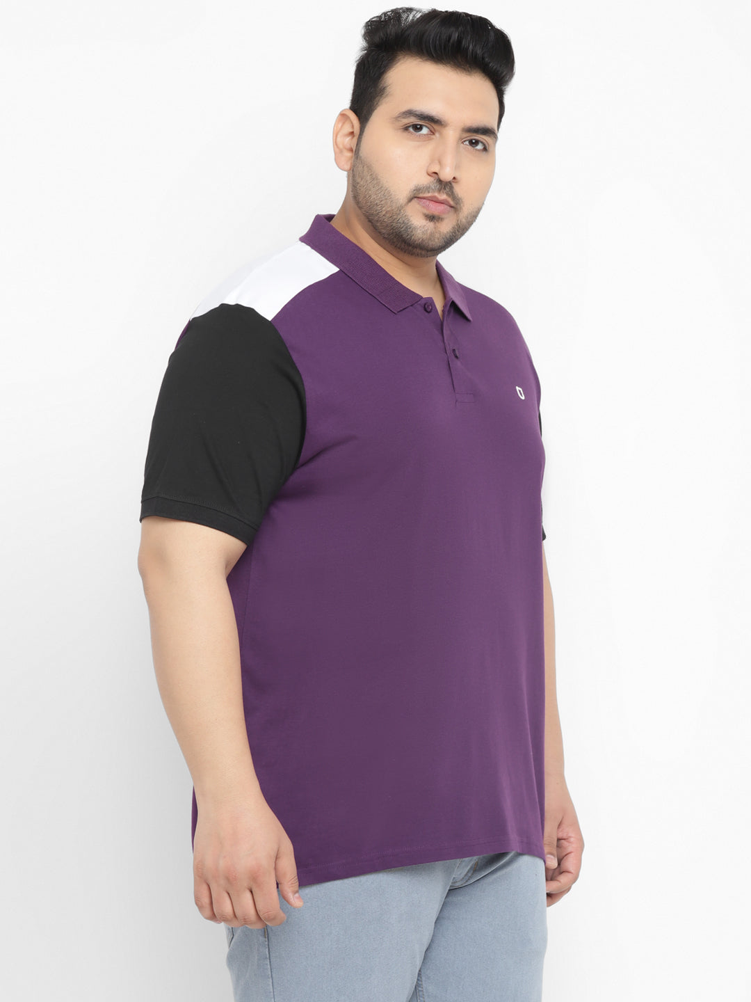 Plus Men's Purple, Black Colour-Block Regular Fit Half Sleeve Cotton Polo T-Shirt