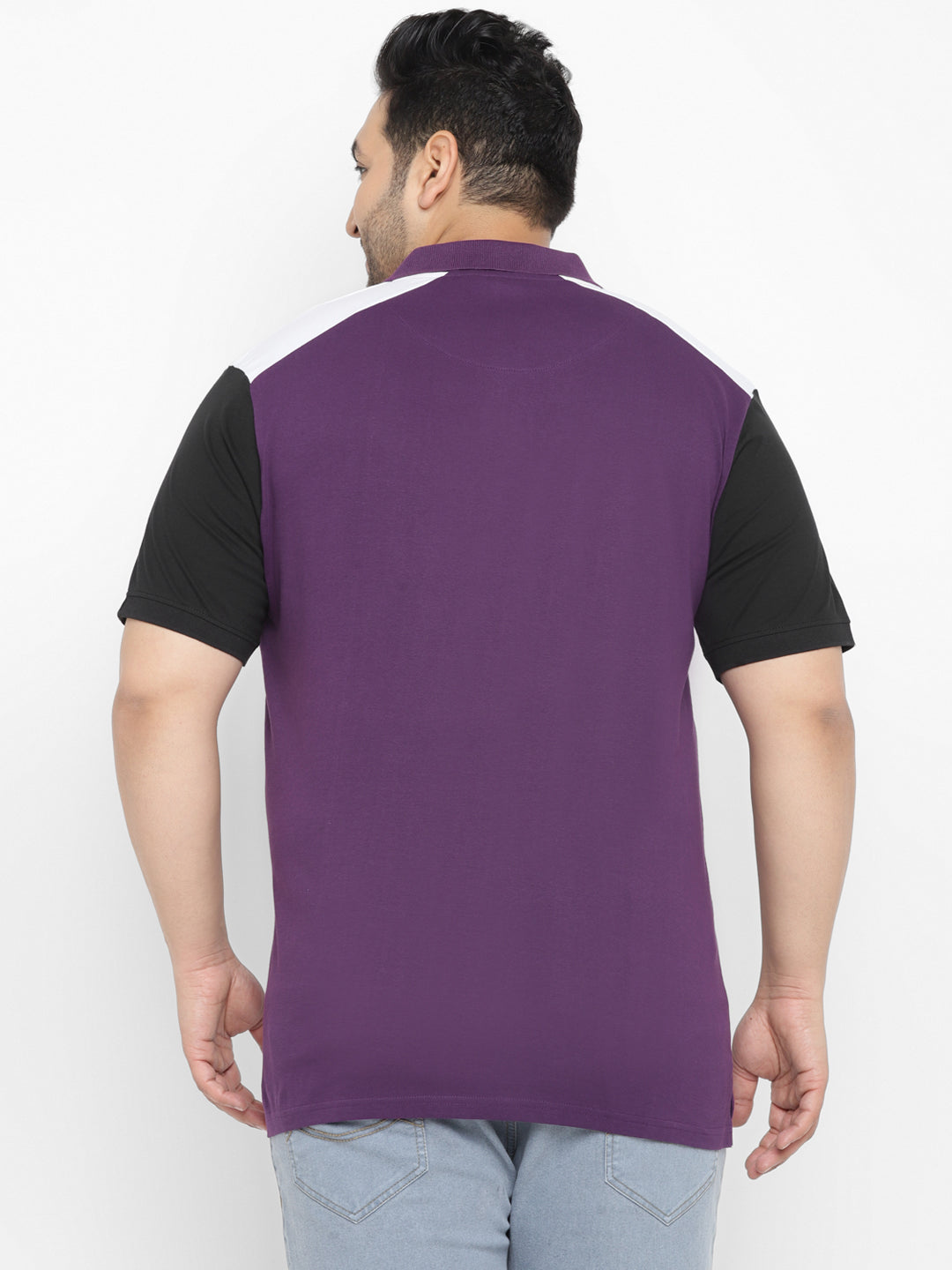 Plus Men's Purple, Black Colour-Block Regular Fit Half Sleeve Cotton Polo T-Shirt