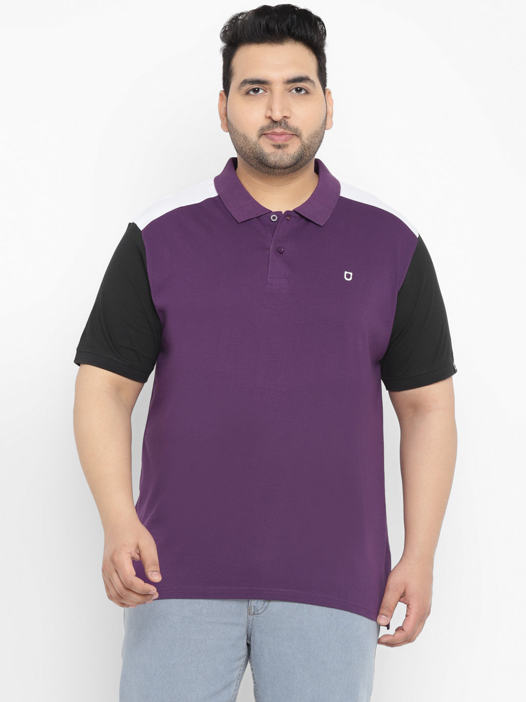 Plus Men's Purple, Black Colour-Block Regular Fit Half Sleeve Cotton Polo T-Shirt