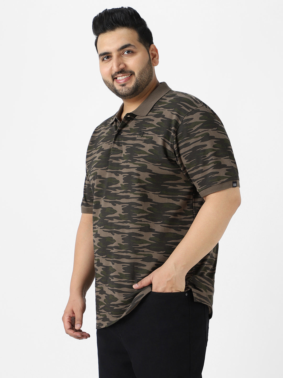 Plus Men's Green Military Camouflage Printed Regular Fit Cotton Polo T-Shirt