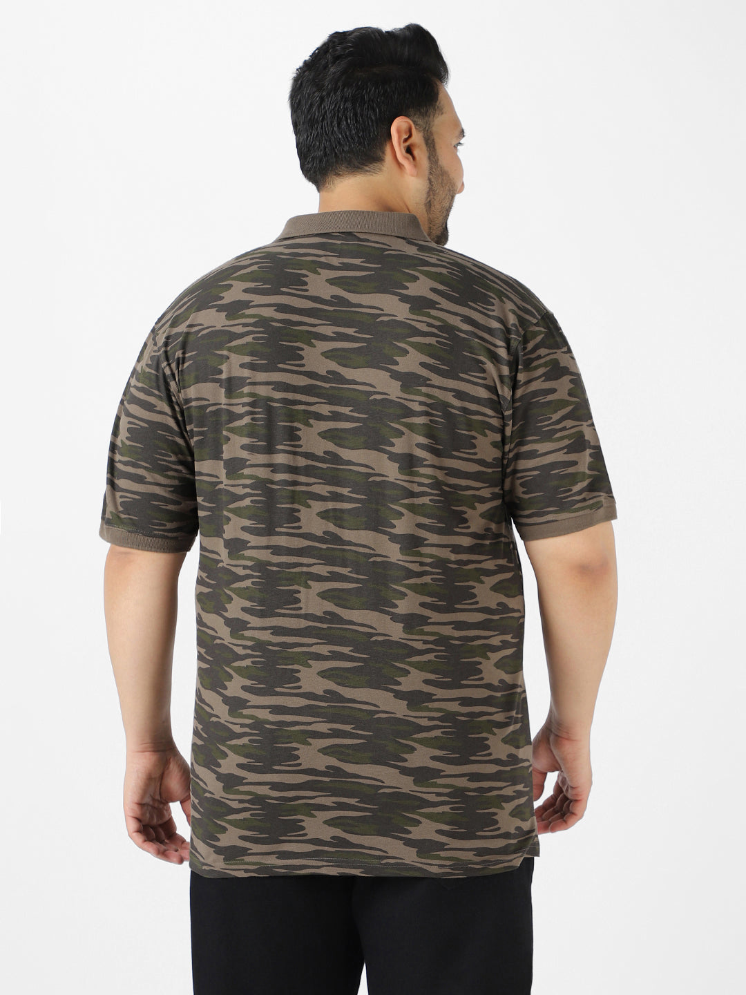 Plus Men's Green Military Camouflage Printed Regular Fit Cotton Polo T-Shirt