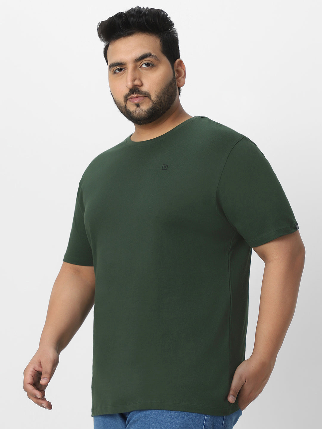 Plus Men's Dark Green Solid Regular Fit Round Neck Cotton T-Shirt