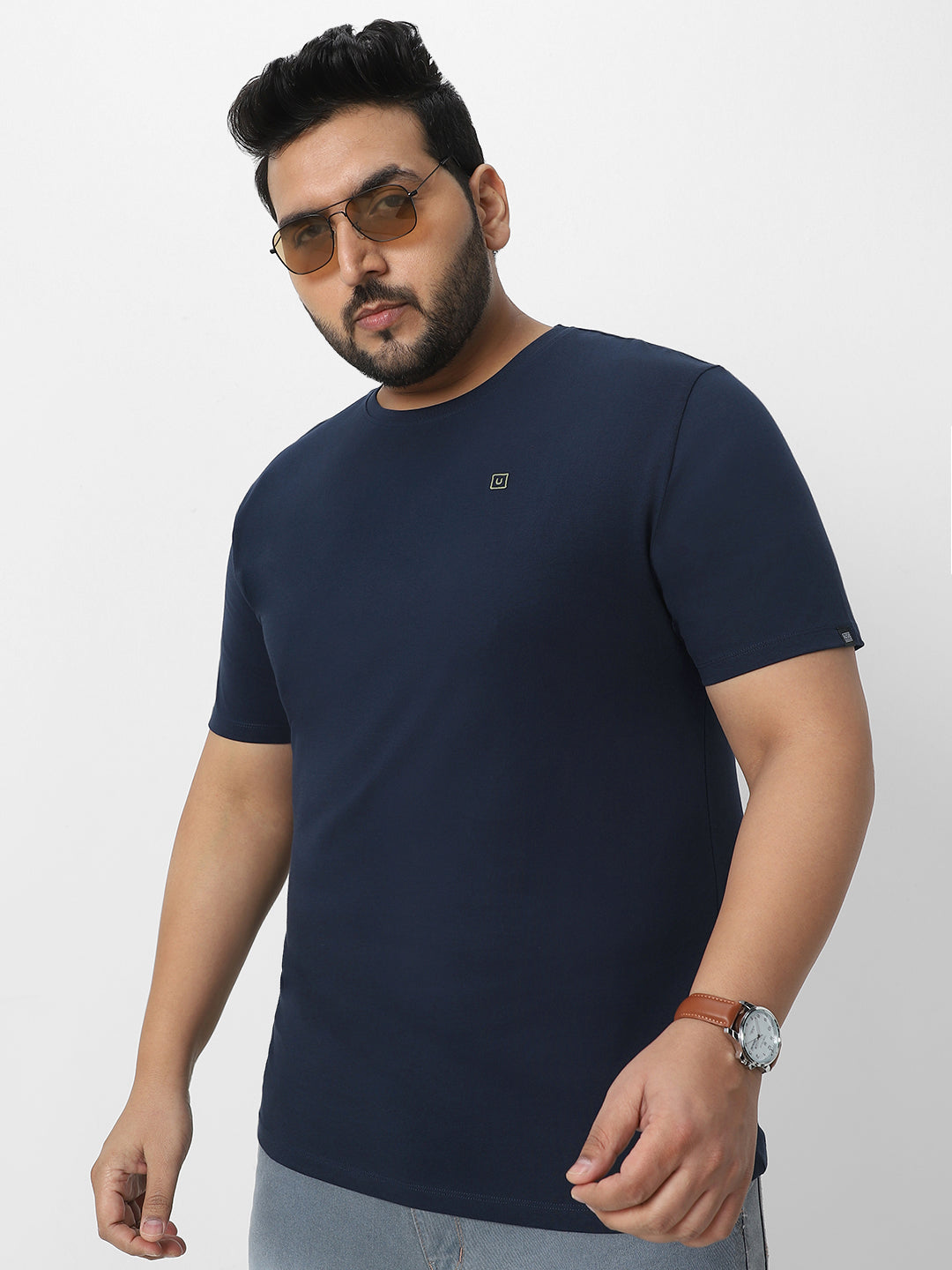 Plus Men's Navy Blue Solid Regular Fit Round Neck Cotton T-Shirt