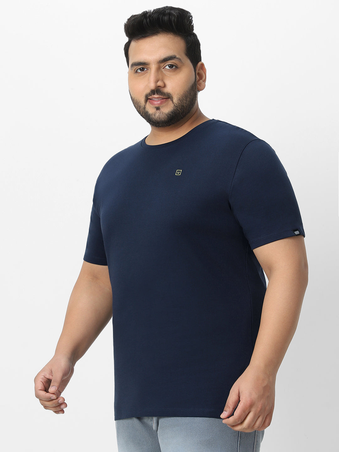 Plus Men's Navy Blue Solid Regular Fit Round Neck Cotton T-Shirt