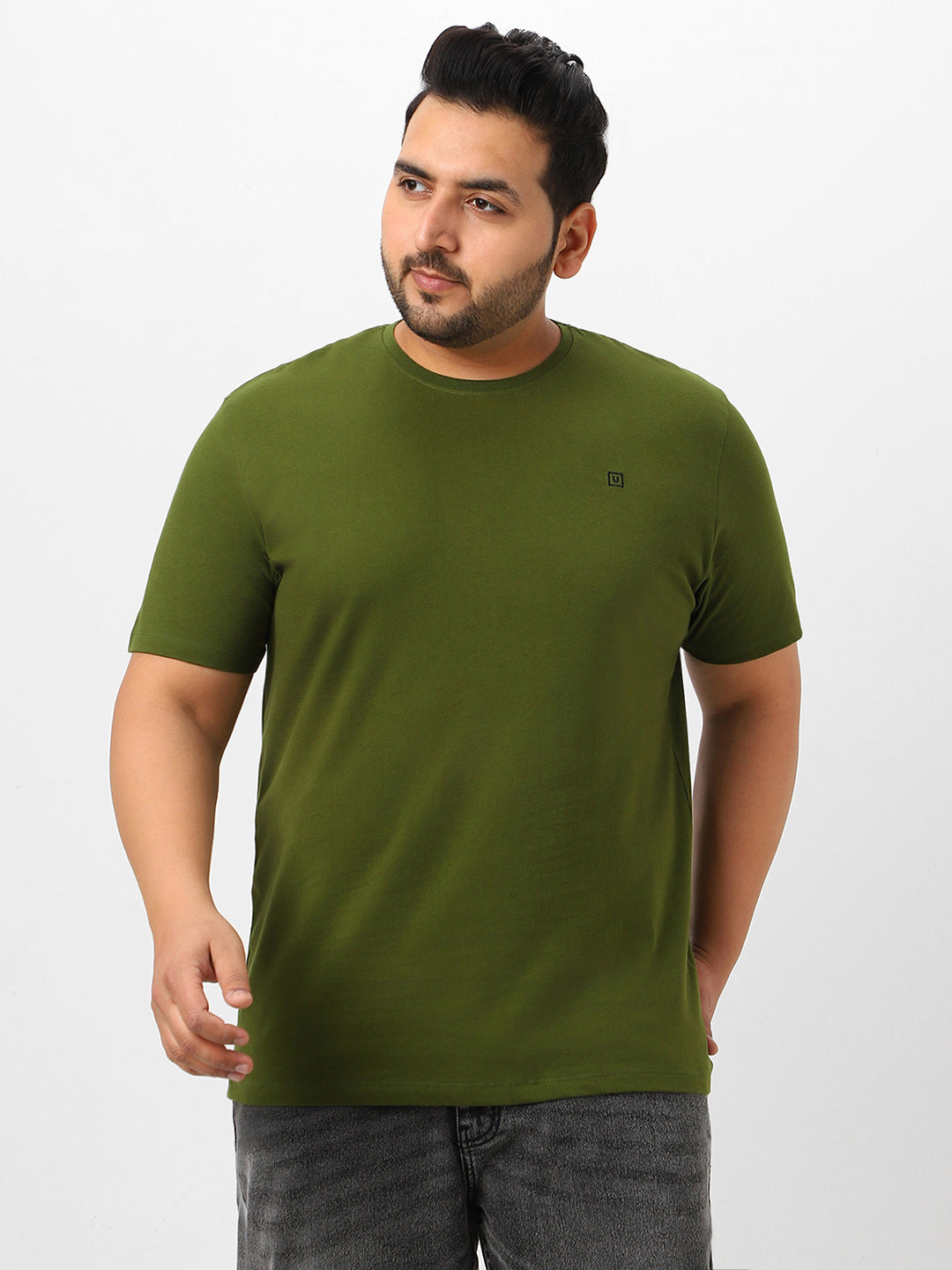 Plus Men's Olive Green Solid Regular Fit Round Neck Cotton T-Shirt