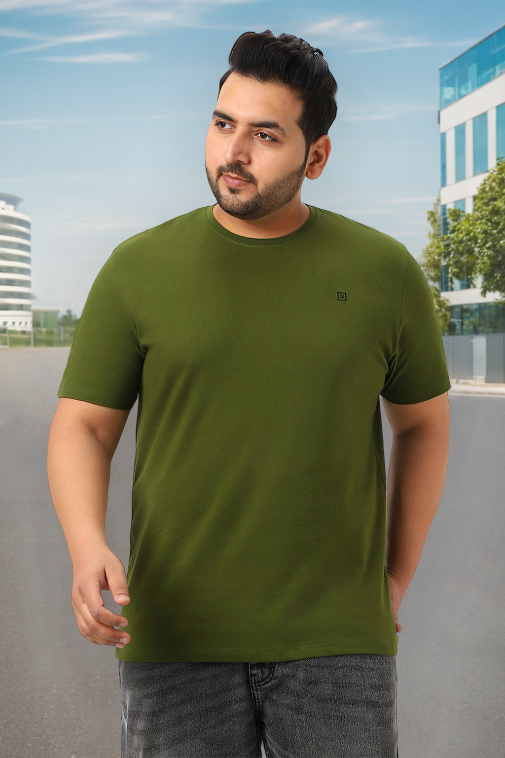 Plus Men's Olive Green Solid Regular Fit Round Neck Cotton T-Shirt