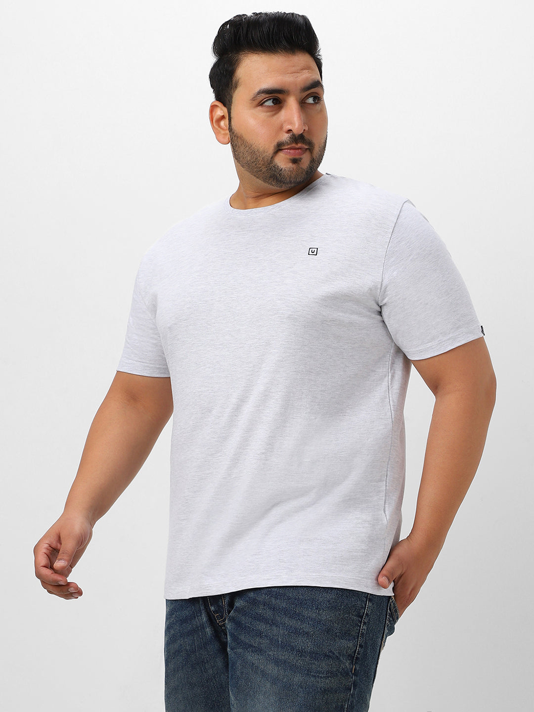 Plus Men's White Melange Solid Regular Fit Round Neck Cotton T-Shirt