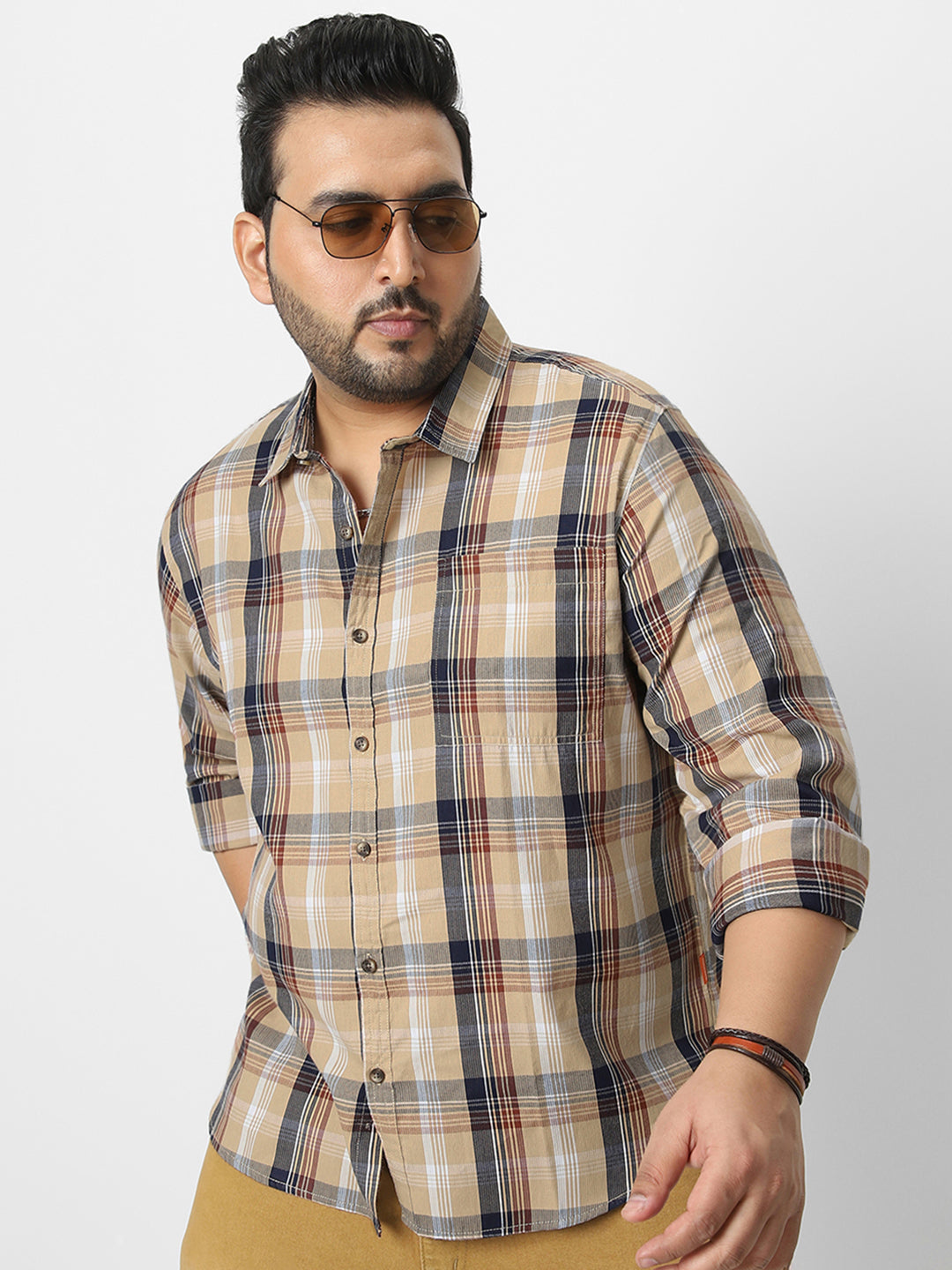 Plus Men's Beige Cotton Full Sleeve Regular Fit Casual Checkered Shirt