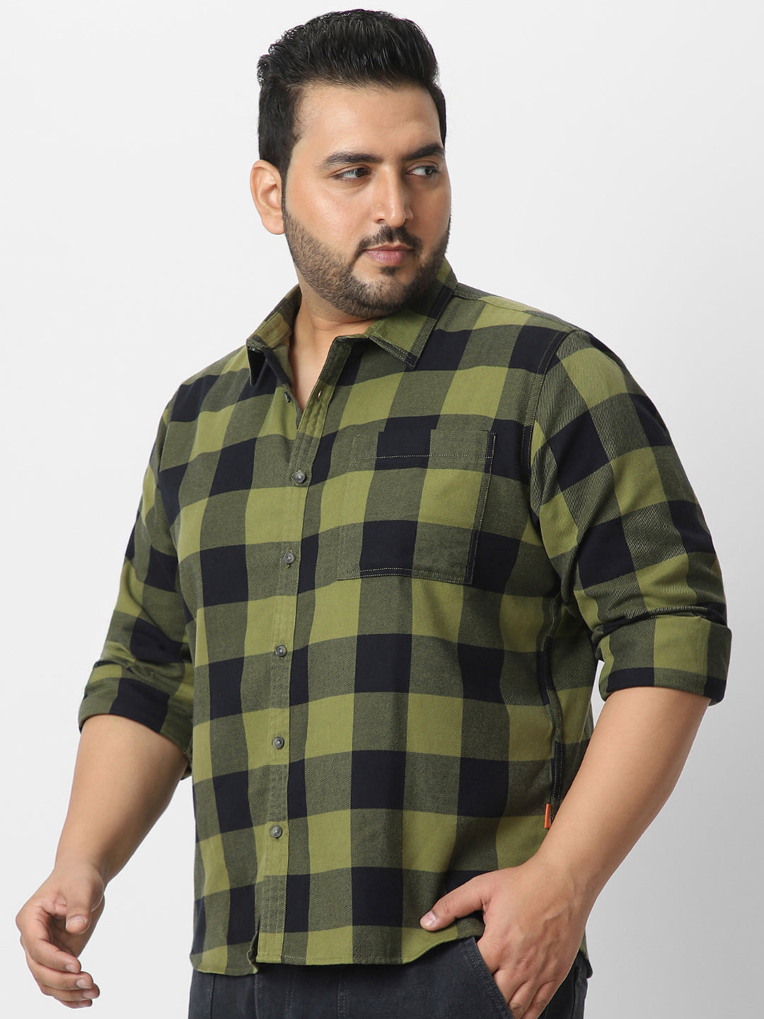 Plus Men's Green Black Cotton Full Sleeve Regular Fit Casual Checkered Shirt