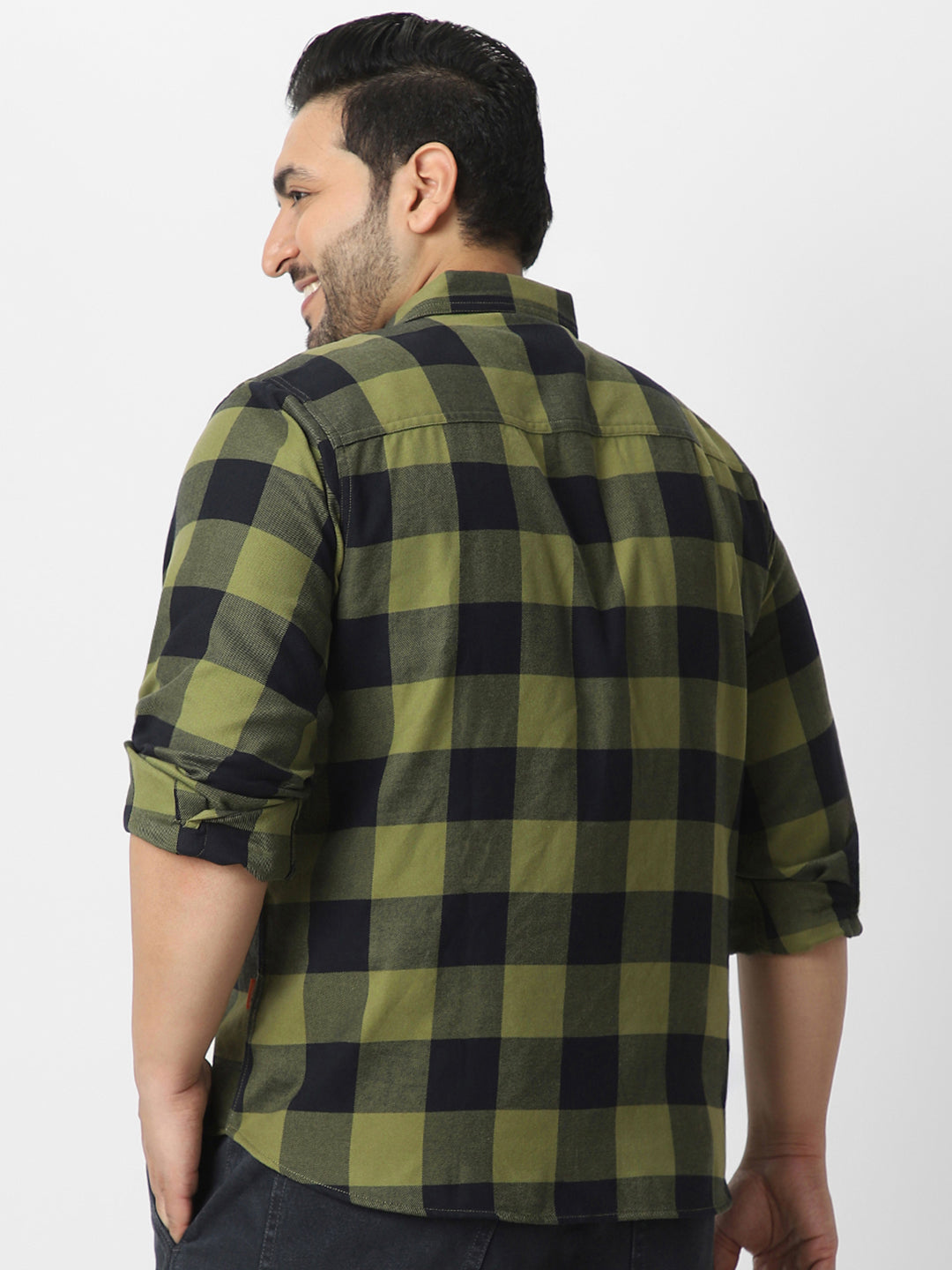 Plus Men's Green Black Cotton Full Sleeve Regular Fit Casual Checkered Shirt