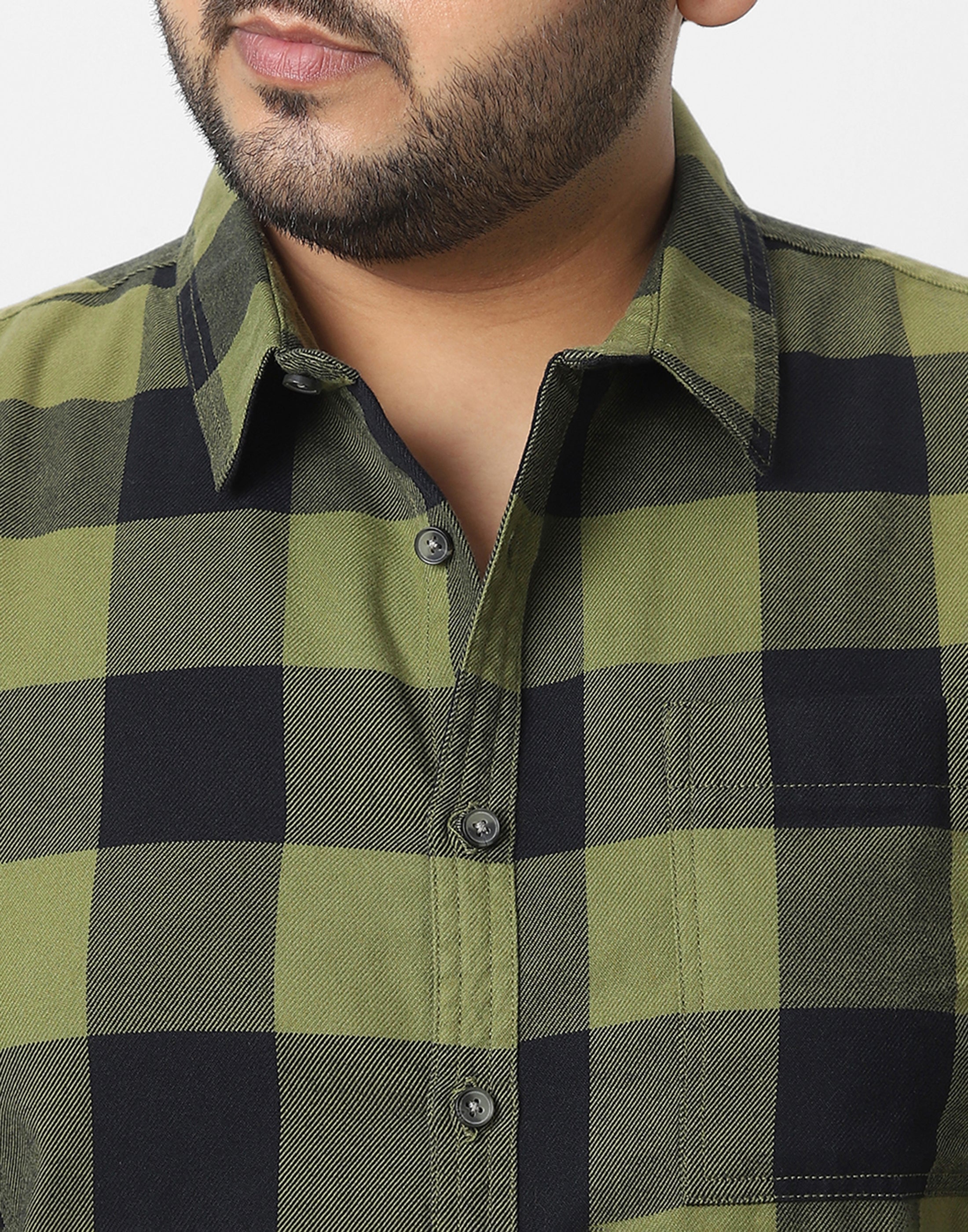 Plus Men's Green Black Cotton Full Sleeve Regular Fit Casual Checkered Shirt