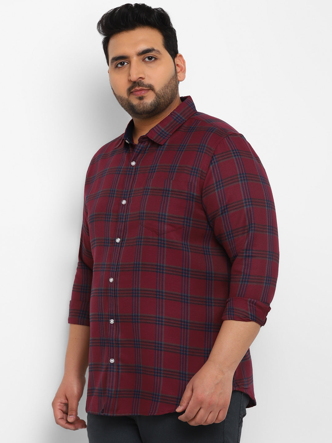 Plus Men's Red Cotton Full Sleeve Regular Fit Casual Checkered Shirt