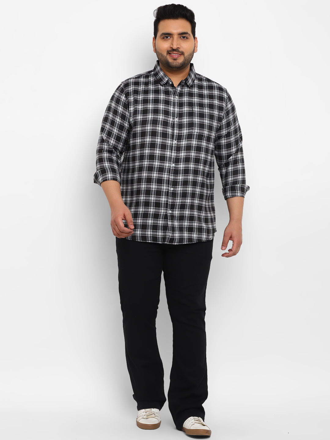 Plus Men's Black Cotton Full Sleeve Regular Fit Casual Checkered Shirt