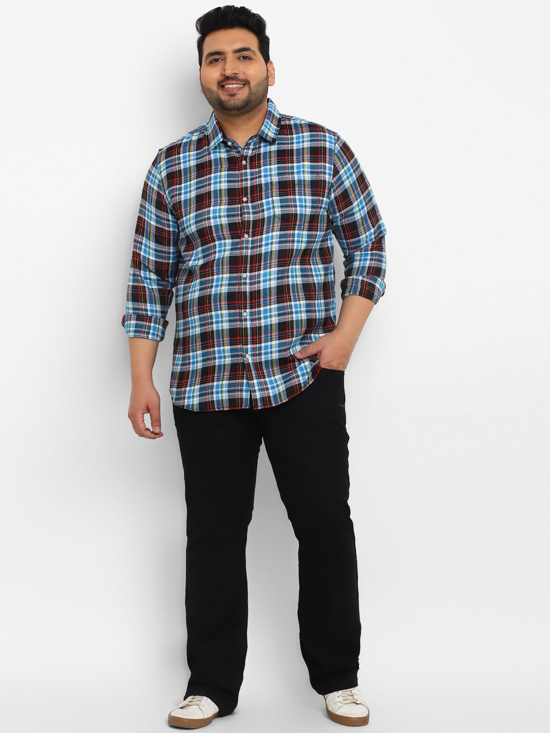 Plus Men's Blue Cotton Full Sleeve Regular Fit Casual Checkered Shirt