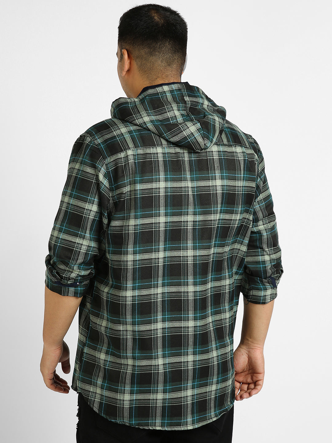 Plus Men's Green Cotton Full Sleeve Regular Fit Casual Checkered Shirt with Hooded Neck