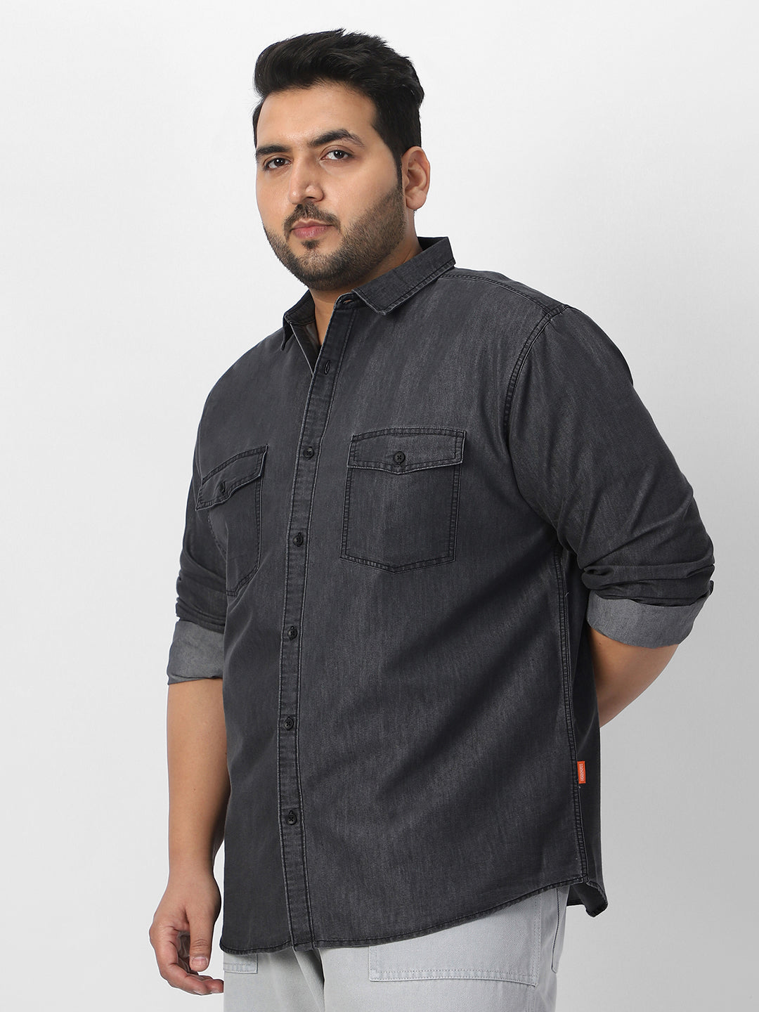 Plus Men's Dark Grey Full Sleeve Regular Fit Casual Denim Shirt