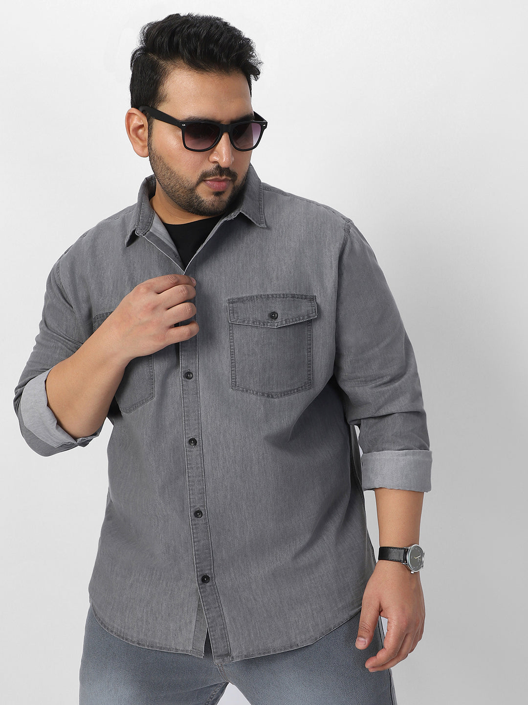 Plus Men's Ice Grey Full Sleeve Regular Fit Casual Denim Shirt