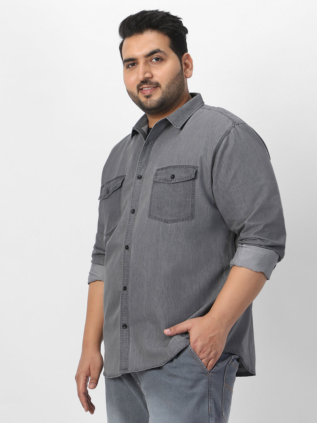 Plus Men's Ice Grey Full Sleeve Regular Fit Casual Denim Shirt