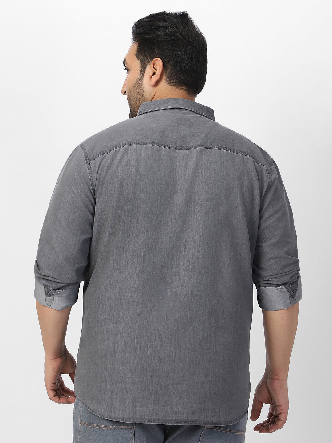 Plus Men's Ice Grey Full Sleeve Regular Fit Casual Denim Shirt